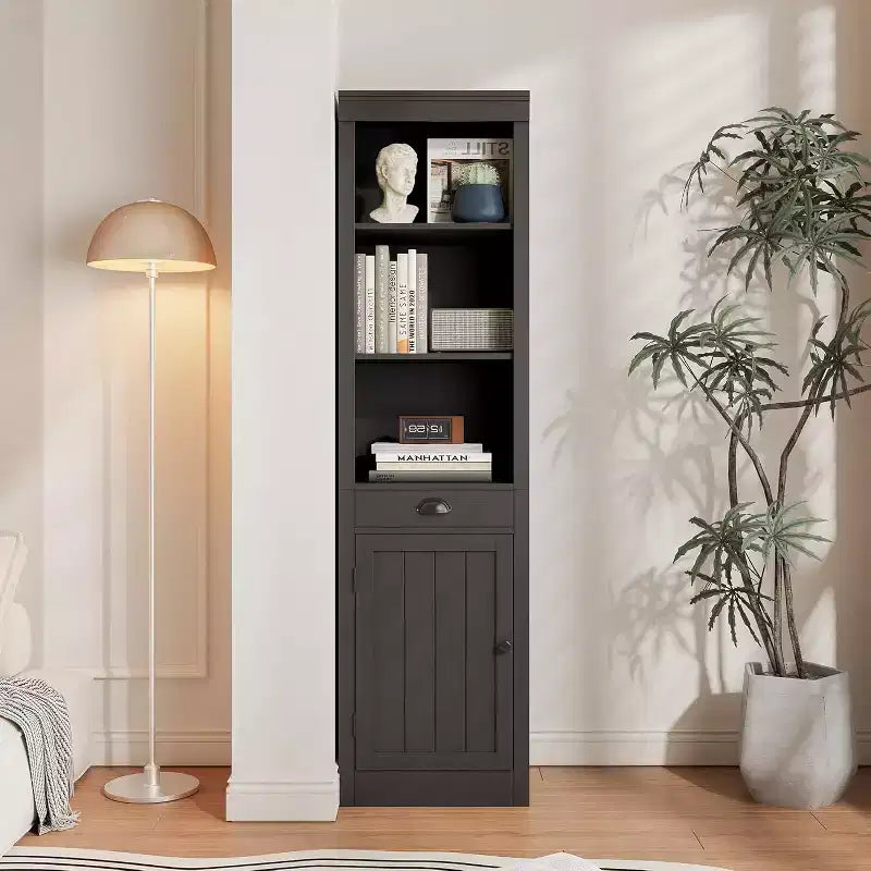 Bibliothèque haute et étroite de 71", étagère ouverte à 3 niveaux avec tiroir coulissant et étagère réglable, armoire à porte unique pour bureau à domicile