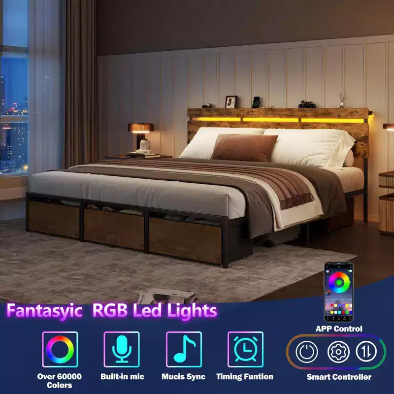 Lit plateforme King Size avec 3 tiroirs de rangement, lumières LED, station de recharge, tête de lit en bois brun vintage avec étagère, cadre en métal robuste, sommier tapissier non nécessaire
