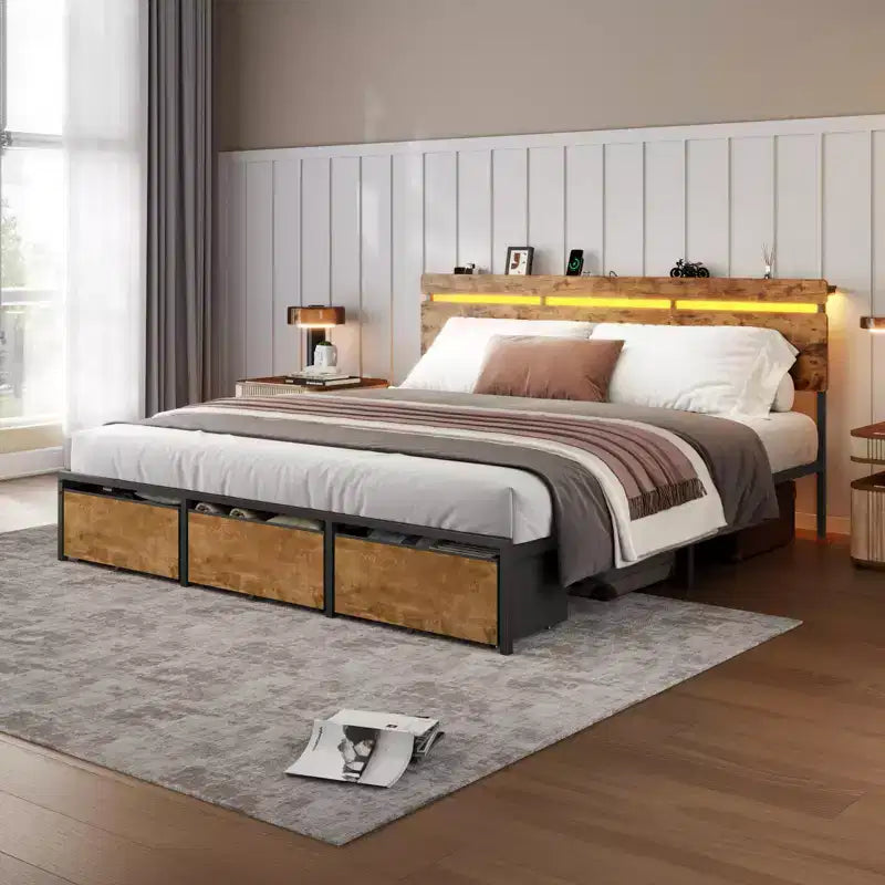 Lit plateforme King Size avec 3 tiroirs de rangement, lumières LED, station de recharge, tête de lit en bois brun vintage avec étagère, cadre en métal robuste, sommier tapissier non nécessaire