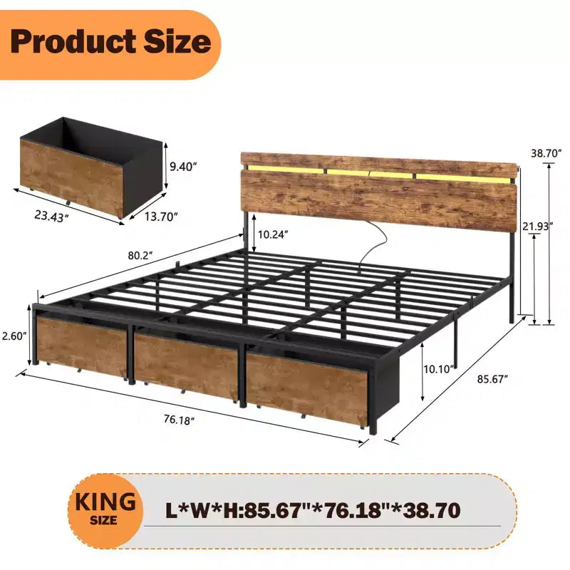 Lit plateforme King Size avec 3 tiroirs de rangement, lumières LED, station de recharge, tête de lit en bois brun vintage avec étagère, cadre en métal robuste, sommier tapissier non nécessaire