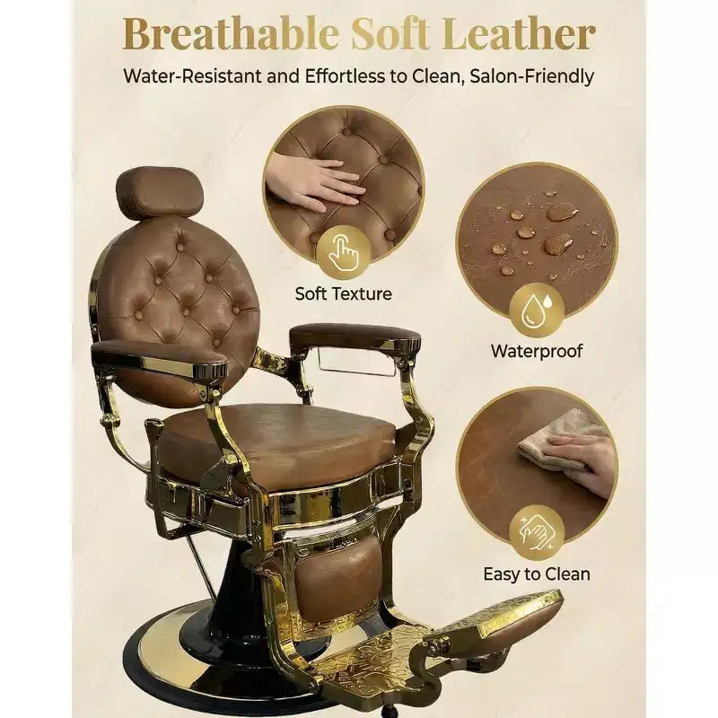 Fauteuil de barbier Rétro pivotant à 360°, Fauteuil de salon inclinable avec appuie-tête et repose-pieds réglables, Fauteuil de coiffure pour la maison, Shampooing, Charge max. 317 kg