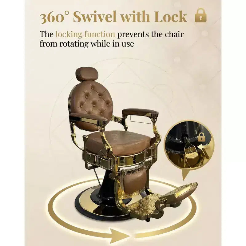 Fauteuil de barbier Rétro pivotant à 360°, Fauteuil de salon inclinable avec appuie-tête et repose-pieds réglables, Fauteuil de coiffure pour la maison, Shampooing, Charge max. 317 kg