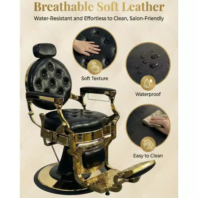 Fauteuil de barbier Rétro pivotant à 360°, Fauteuil de salon inclinable avec appuie-tête et repose-pieds réglables, Fauteuil de coiffure pour la maison, Shampooing, Charge max. 317 kg