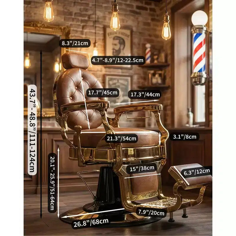 Fauteuil de barbier Rétro pivotant à 360°, Fauteuil de salon inclinable avec appuie-tête et repose-pieds réglables, Fauteuil de coiffure pour la maison, Shampooing, Charge max. 317 kg
