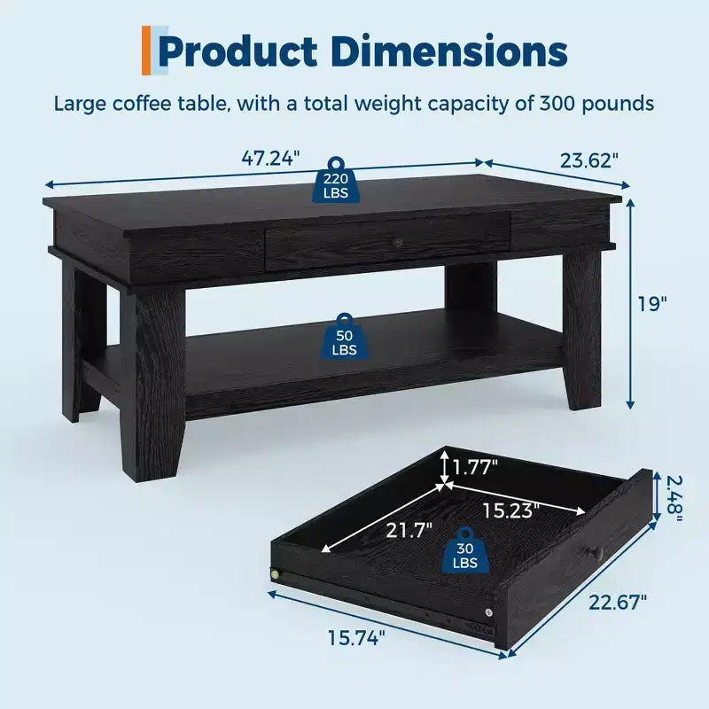 Table basse avec tiroir, table basse 120 cm avec étagère de rangement, longue table basse rustique pour salon, robuste et facile à nettoyer