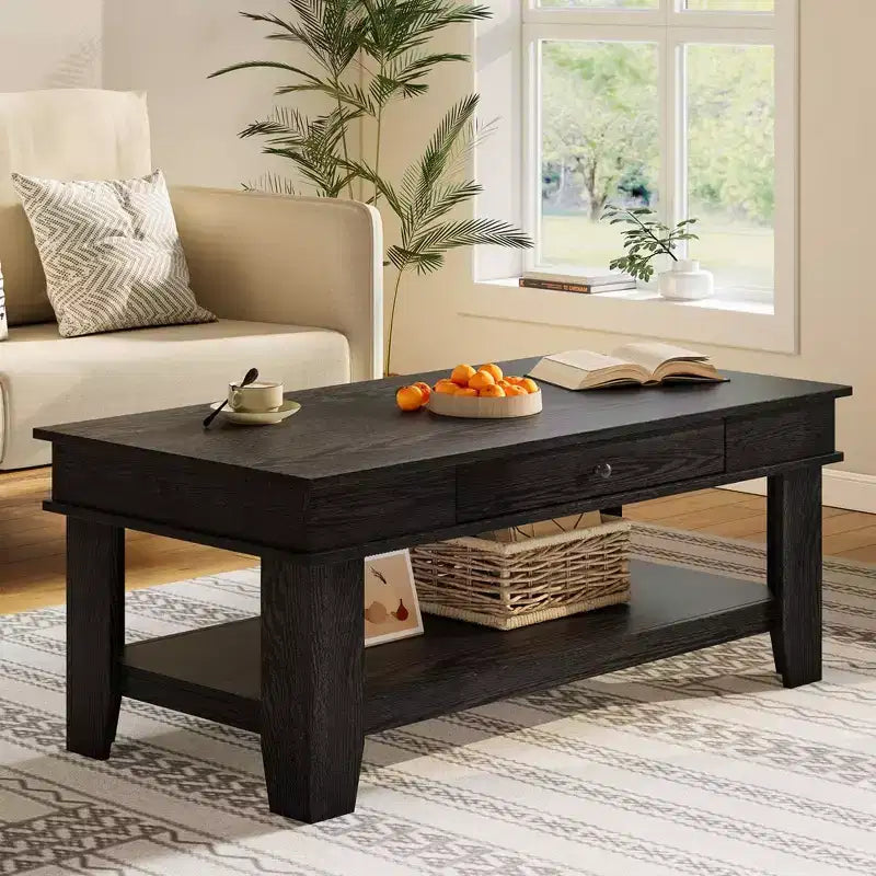 Table basse avec tiroir, table basse 120 cm avec étagère de rangement, longue table basse rustique pour salon, robuste et facile à nettoyer