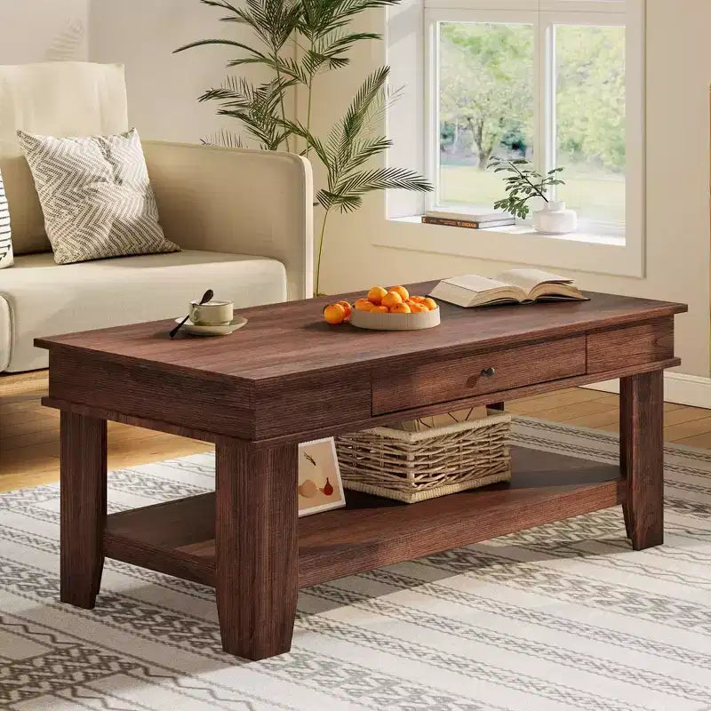 Table basse avec tiroir, table basse 120 cm avec étagère de rangement, longue table basse rustique pour salon, robuste et facile à nettoyer
