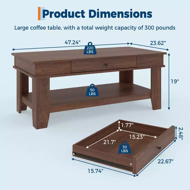 Table basse avec tiroir, table basse 120 cm avec étagère de rangement, longue table basse rustique pour salon, robuste et facile à nettoyer