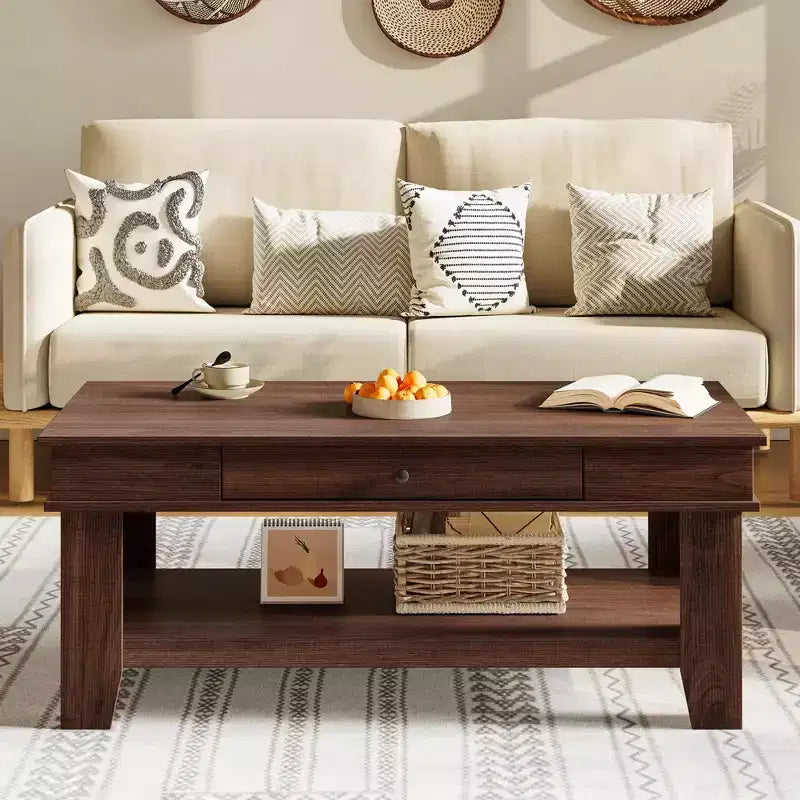 Table basse avec tiroir, table basse 120 cm avec étagère de rangement, longue table basse rustique pour salon, robuste et facile à nettoyer