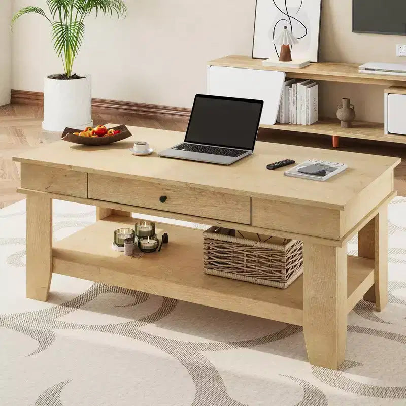 Table basse avec tiroir, table basse 120 cm avec étagère de rangement, longue table basse rustique pour salon, robuste et facile à nettoyer
