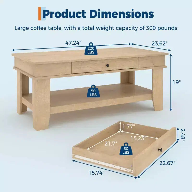 Table basse avec tiroir, table basse 120 cm avec étagère de rangement, longue table basse rustique pour salon, robuste et facile à nettoyer
