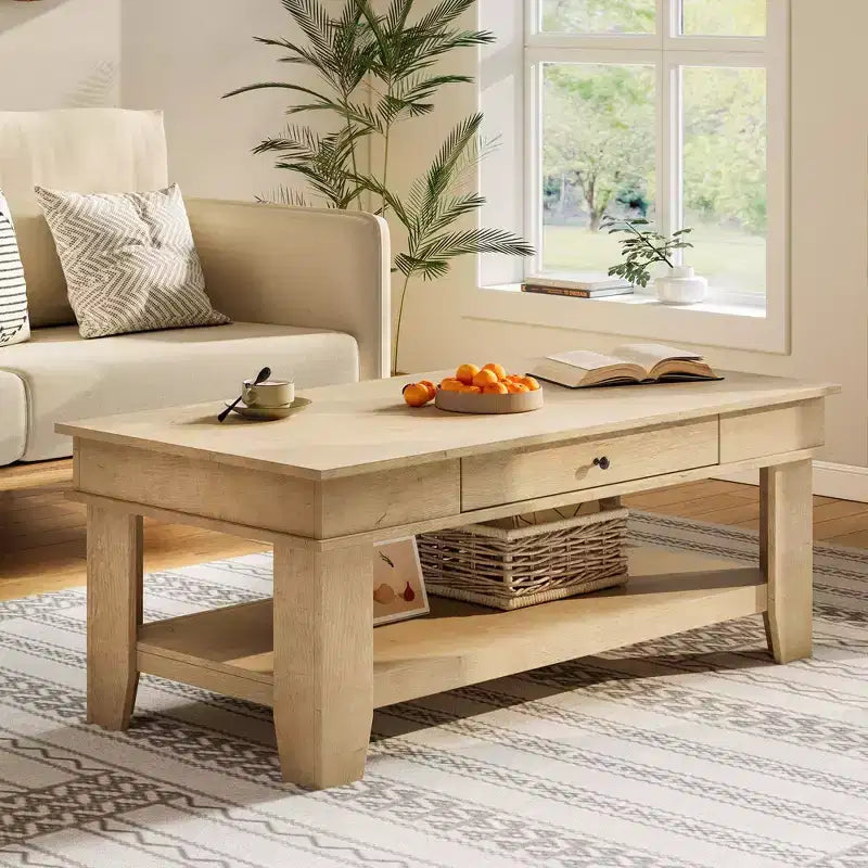 Table basse avec tiroir, table basse 120 cm avec étagère de rangement, longue table basse rustique pour salon, robuste et facile à nettoyer