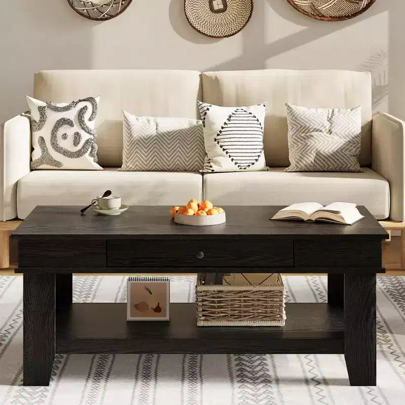 Table basse avec tiroir, table basse 120 cm avec étagère de rangement, longue table basse rustique pour salon, robuste et facile à nettoyer