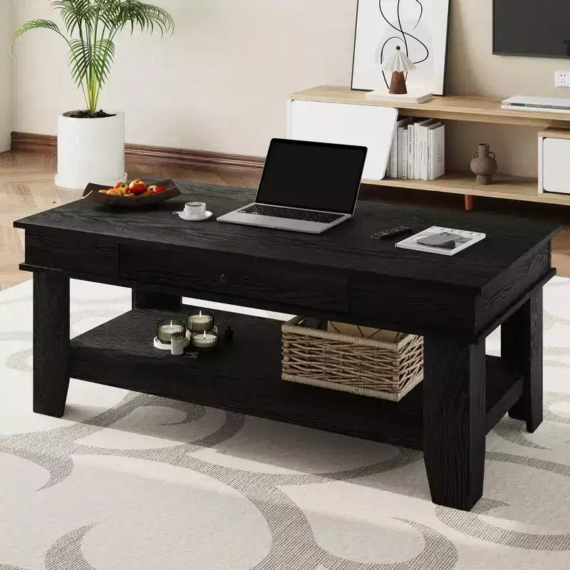 Table basse avec tiroir, table basse 120 cm avec étagère de rangement, longue table basse rustique pour salon, robuste et facile à nettoyer
