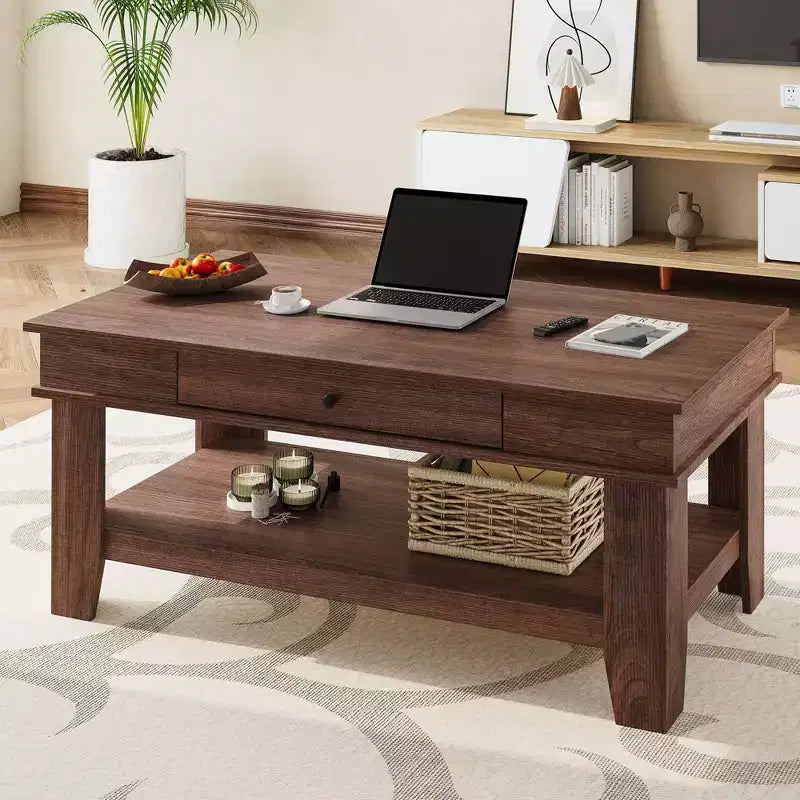 Table basse avec tiroir, table basse 120 cm avec étagère de rangement, longue table basse rustique pour salon, robuste et facile à nettoyer
