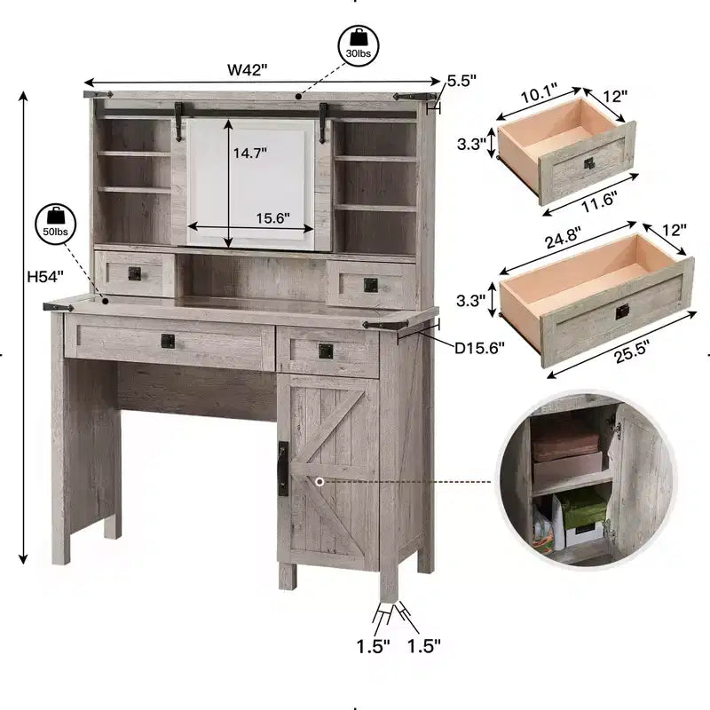 Coiffeuse de ferme avec miroir coulissant et lumières, table de coiffeuse en verre de 42 pouces avec 2 tiroirs et étagères, chêne rustique clair