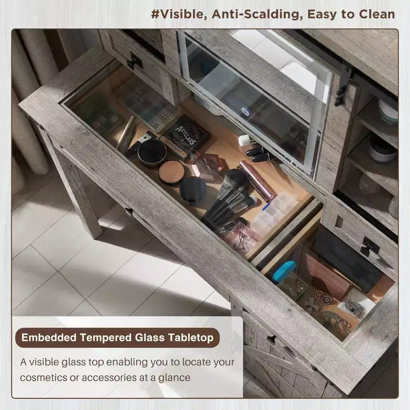 Coiffeuse de ferme avec miroir coulissant et lumières, table de coiffeuse en verre de 42 pouces avec 2 tiroirs et étagères, chêne rustique clair