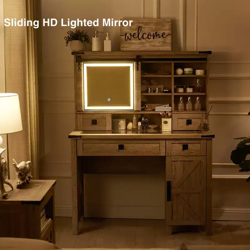 Coiffeuse de ferme avec miroir coulissant et lumières, table de coiffeuse en verre de 42 pouces avec 2 tiroirs et étagères, chêne rustique clair