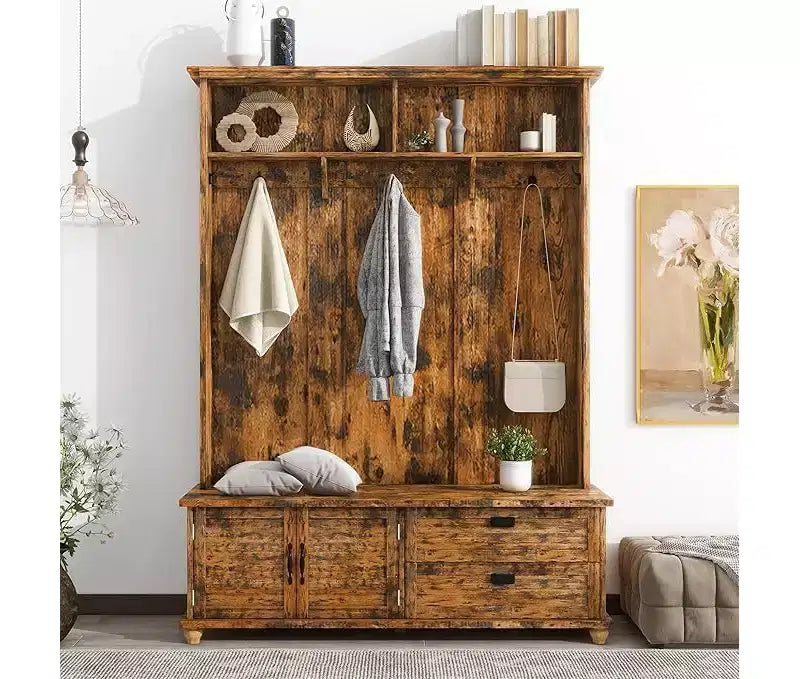 Porte-manteau moderne en aggloméré, banc de vestiaire avec armoire de rangement, tiroirs et 5 patères, marron, organisateur d'entrée