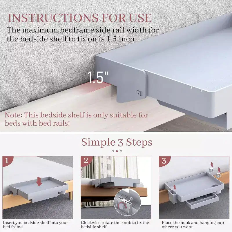 Étagère de chevet pliable pour lit superposé, avec tiroir, porte-gobelet et passe-câbles, blanc