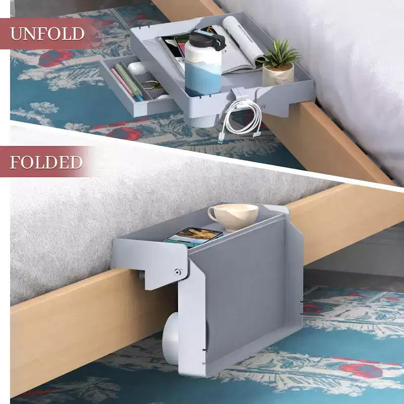Étagère de chevet pliable pour lit superposé, avec tiroir, porte-gobelet et passe-câbles, blanc