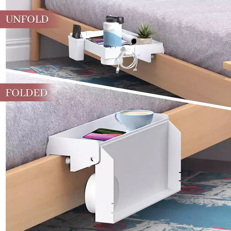 Étagère de chevet pliable pour lit superposé, avec tiroir, porte-gobelet et passe-câbles, blanc