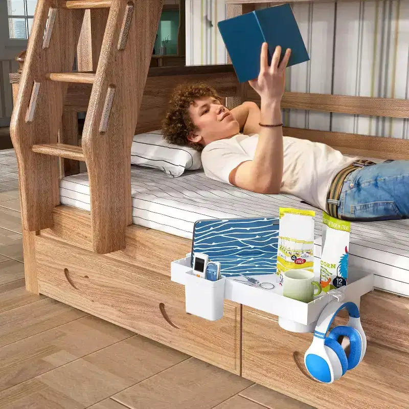 Étagère de chevet pliable pour lit superposé, avec tiroir, porte-gobelet et passe-câbles, blanc