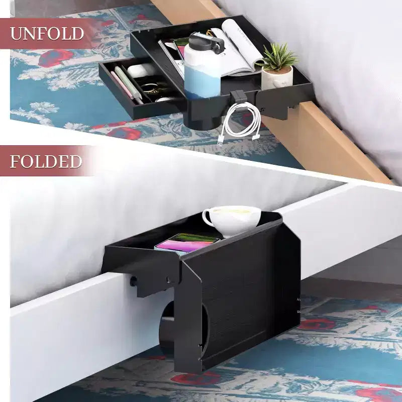 Étagère de chevet pliable pour lit superposé, avec tiroir, porte-gobelet et passe-câbles, blanc