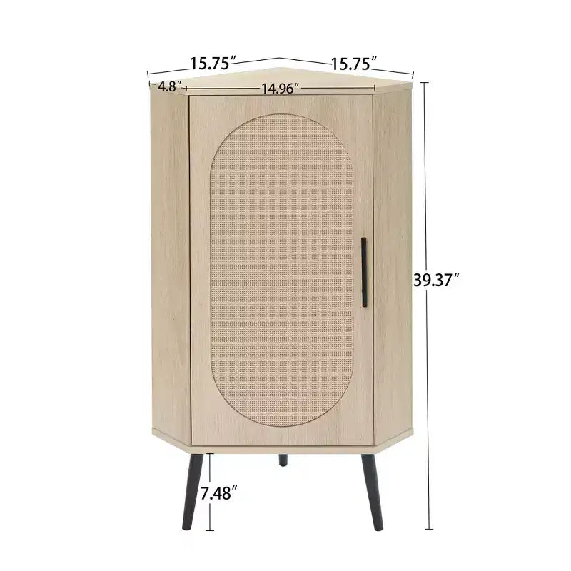 Meuble d'angle en rotin naturel de 15 pouces avec étagères réglables, unité de rangement d'angle autoportante pour salons, finition naturelle