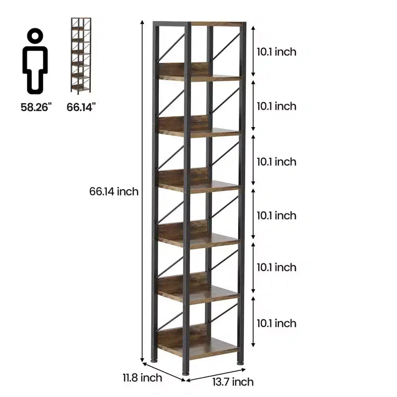 Étagère étroite à 7 niveaux pour livres, bibelots et autres objets décoratifs, avec cadre en métal au style rustique, idéale pour la chambre, le salon ou le bureau.