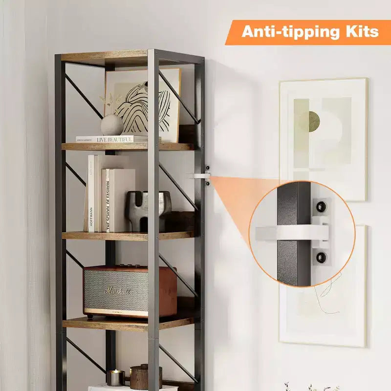 Étagère étroite à 7 niveaux pour livres, bibelots et autres objets décoratifs, avec cadre en métal au style rustique, idéale pour la chambre, le salon ou le bureau.