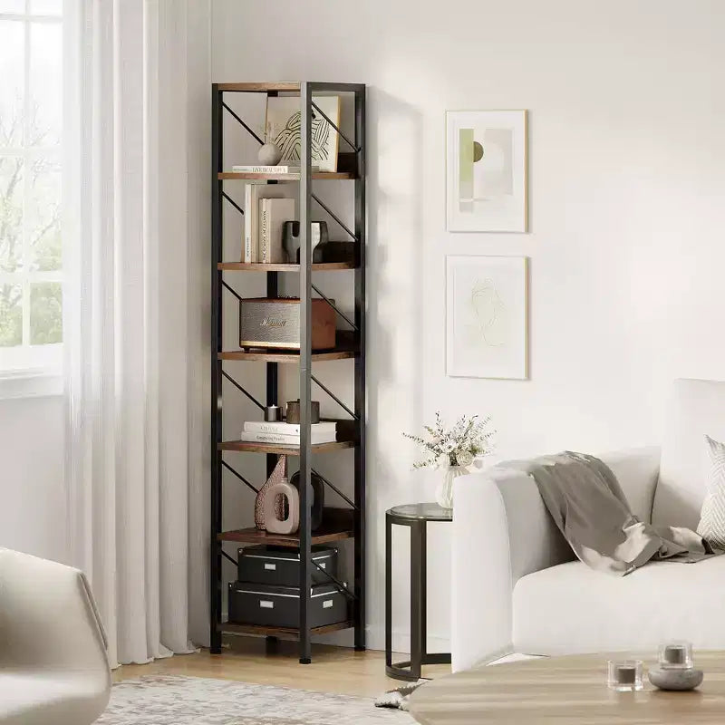Étagère étroite à 7 niveaux pour livres, bibelots et autres objets décoratifs, avec cadre en métal au style rustique, idéale pour la chambre, le salon ou le bureau.