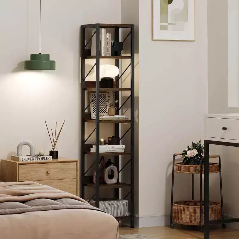 Étagère étroite à 7 niveaux pour livres, bibelots et autres objets décoratifs, avec cadre en métal au style rustique, idéale pour la chambre, le salon ou le bureau.