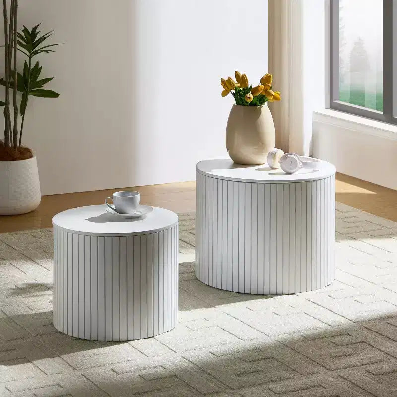 Ensemble de 2 tables basses et d'appoint rondes modernes avec rangement dissimulé, aucun assemblage requis, tables d'appoint élégantes pour salon ou lounge