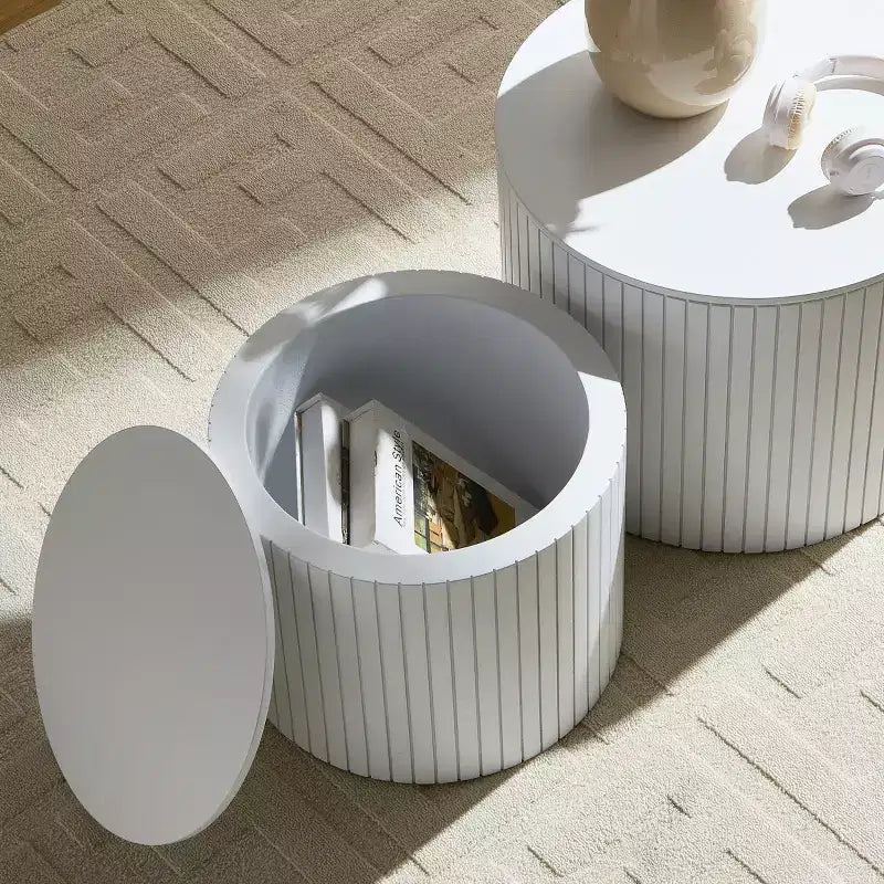 Ensemble de 2 tables basses et d'appoint rondes modernes avec rangement dissimulé, aucun assemblage requis, tables d'appoint élégantes pour salon ou lounge