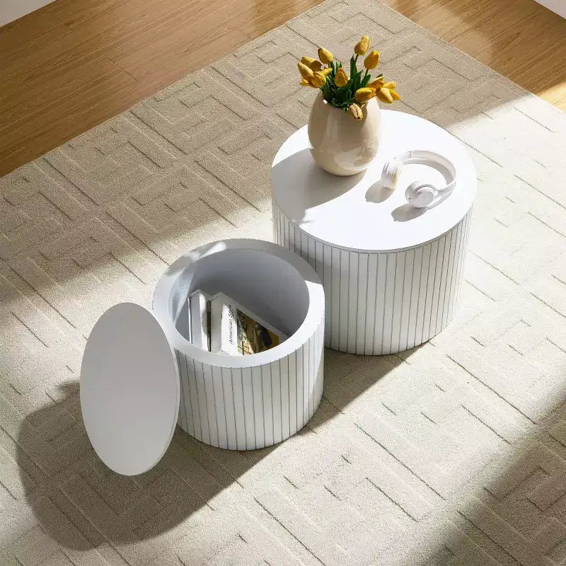 Ensemble de 2 tables basses et d'appoint rondes modernes avec rangement dissimulé, aucun assemblage requis, tables d'appoint élégantes pour salon ou lounge