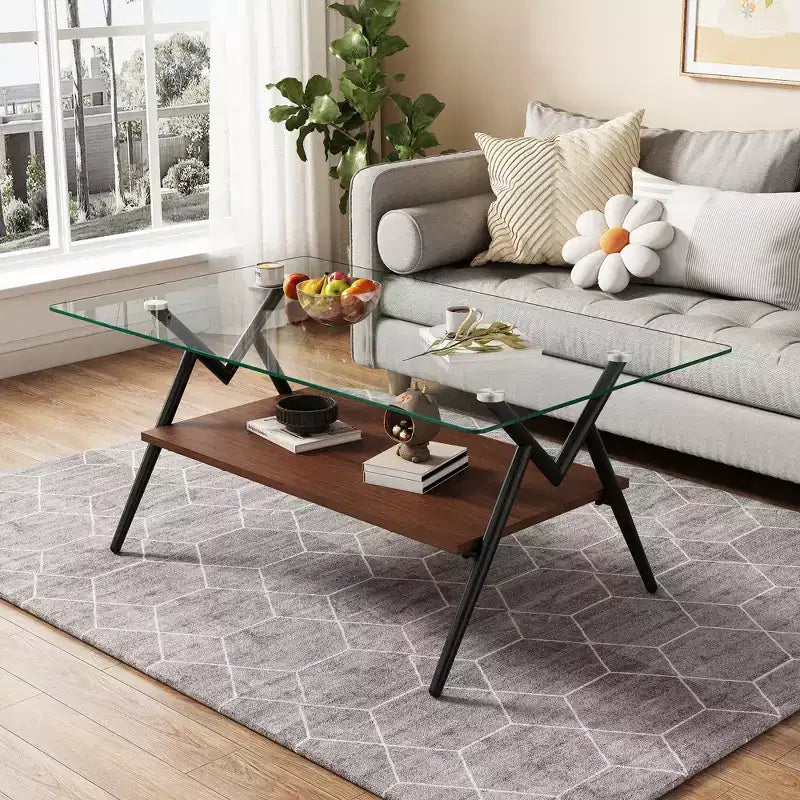 Table basse rectangulaire de 38 pouces avec plateau en verre trempé et pieds en métal noir. Style moderne, convient aux salons. Verre transparent.