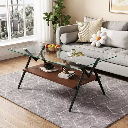 Table basse rectangulaire de 38 pouces avec plateau en verre trempé et pieds en métal noir. Style moderne, convient aux salons. Verre transparent.