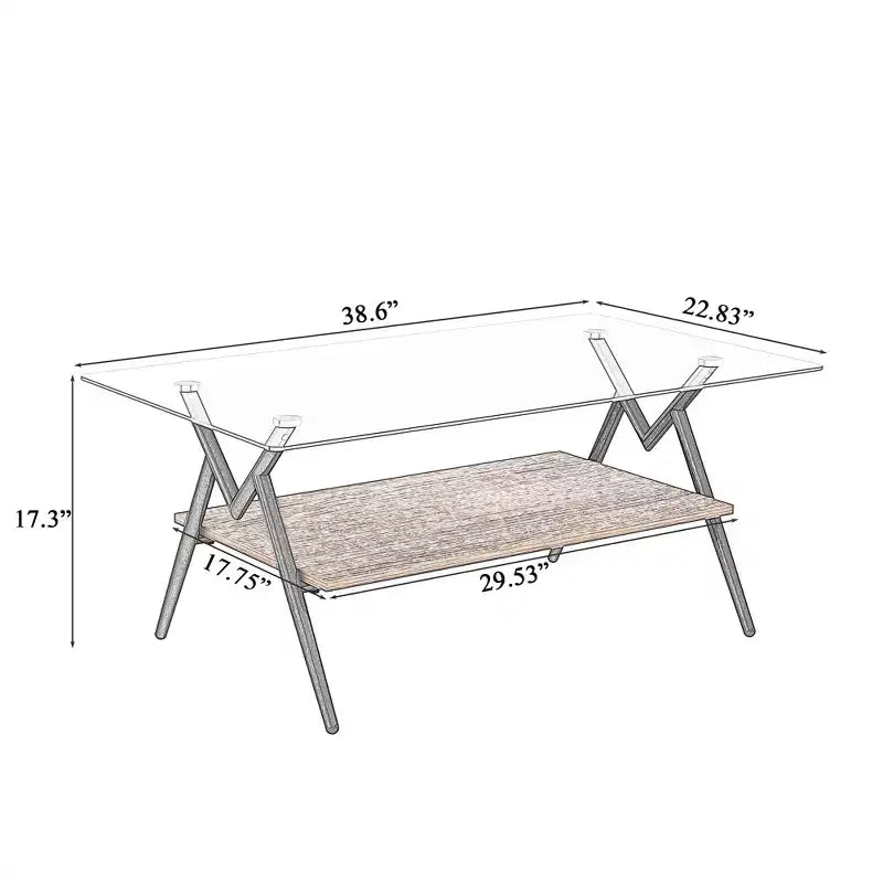 Table basse rectangulaire de 38 pouces avec plateau en verre trempé et pieds en métal noir. Style moderne, convient aux salons. Verre transparent.