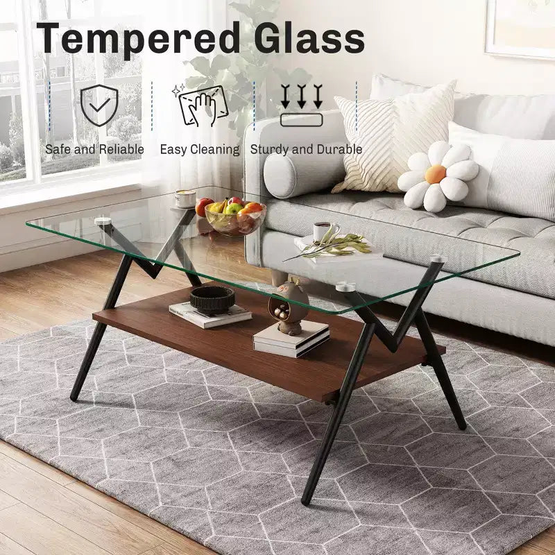 Table basse rectangulaire de 38 pouces avec plateau en verre trempé et pieds en métal noir. Style moderne, convient aux salons. Verre transparent.
