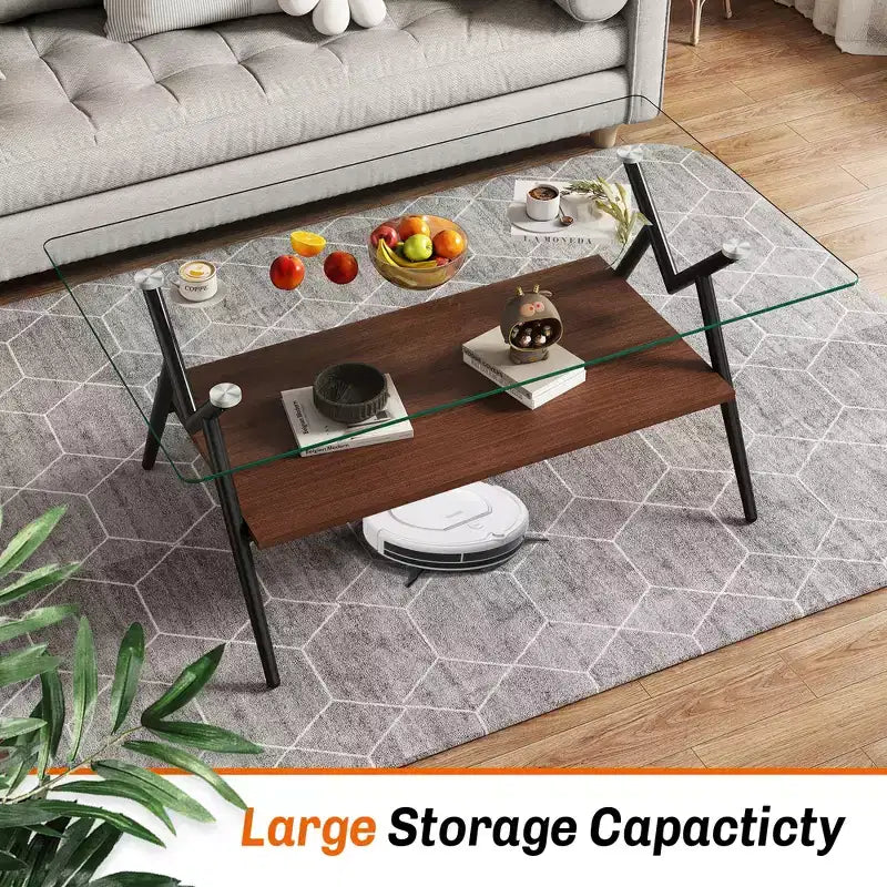 Table basse rectangulaire de 38 pouces avec plateau en verre trempé et pieds en métal noir. Style moderne, convient aux salons. Verre transparent.