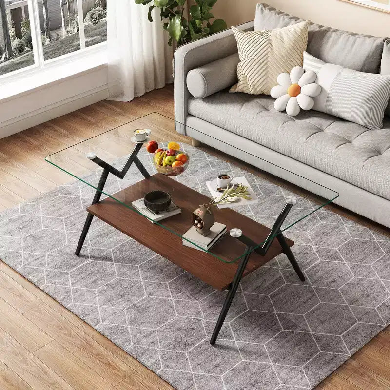 Table basse rectangulaire de 38 pouces avec plateau en verre trempé et pieds en métal noir. Style moderne, convient aux salons. Verre transparent.