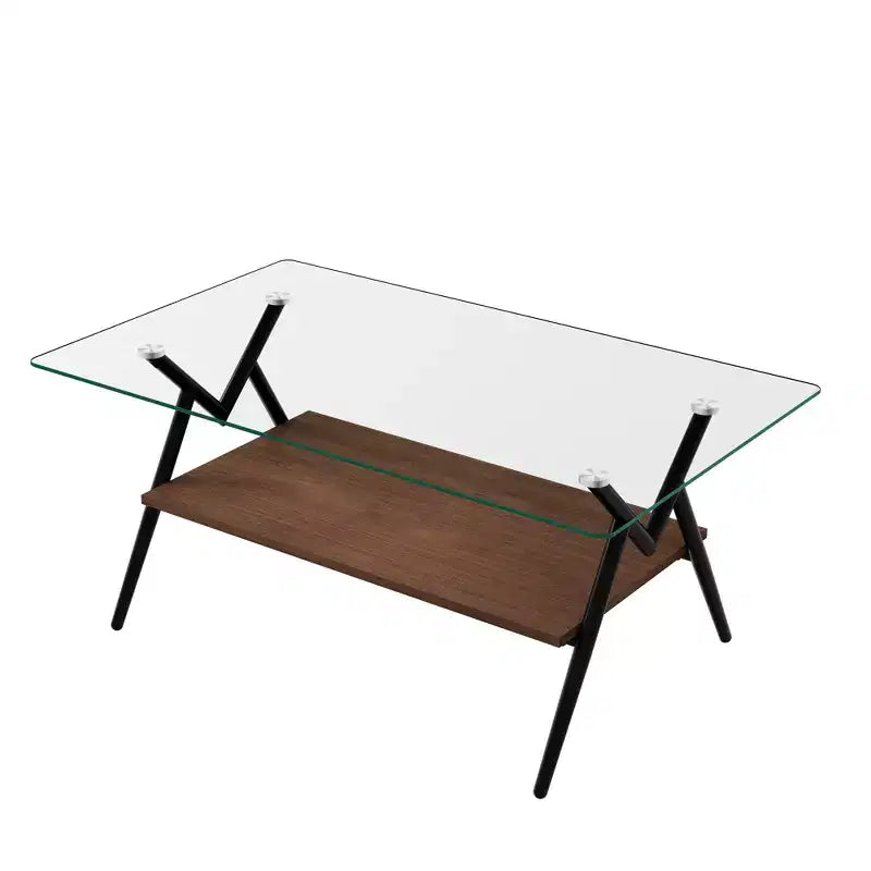 Table basse rectangulaire de 38 pouces avec plateau en verre trempé et pieds en métal noir. Style moderne, convient aux salons. Verre transparent.