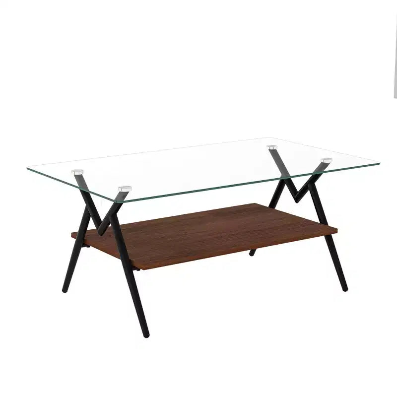 Table basse rectangulaire de 38 pouces avec plateau en verre trempé et pieds en métal noir. Style moderne, convient aux salons. Verre transparent.