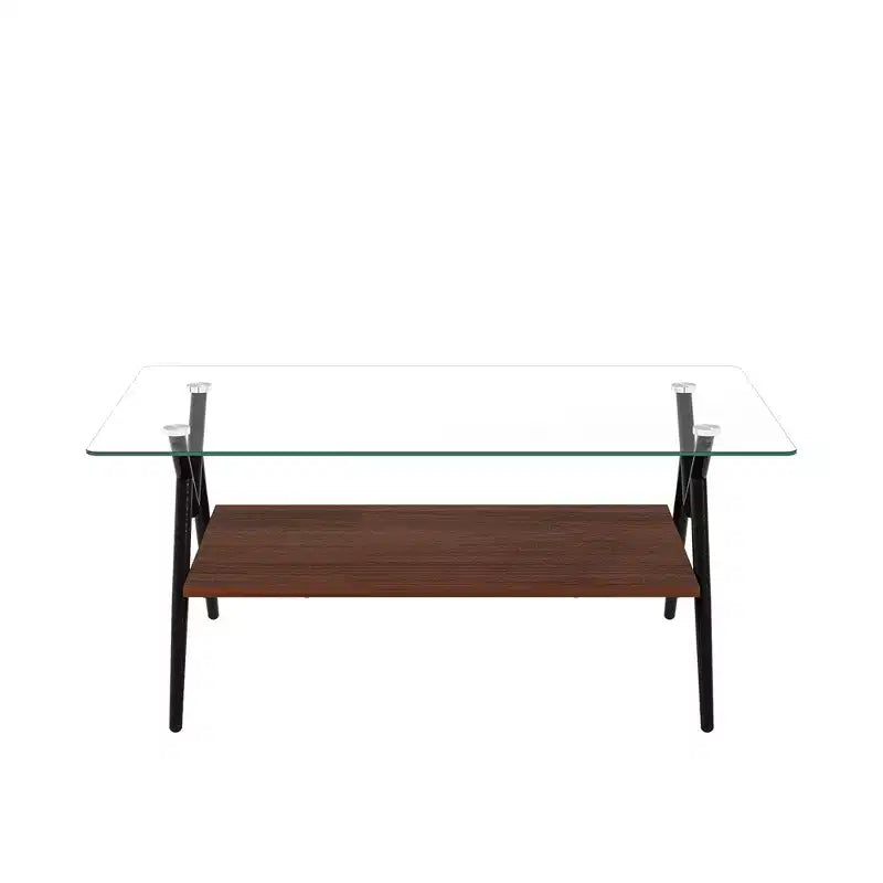 Table basse rectangulaire de 38 pouces avec plateau en verre trempé et pieds en métal noir. Style moderne, convient aux salons. Verre transparent.