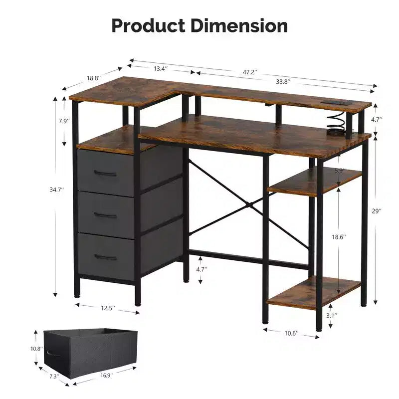 Bureau d'ordinateur moderne de 119 cm (47'') avec station de charge et tiroirs de rangement