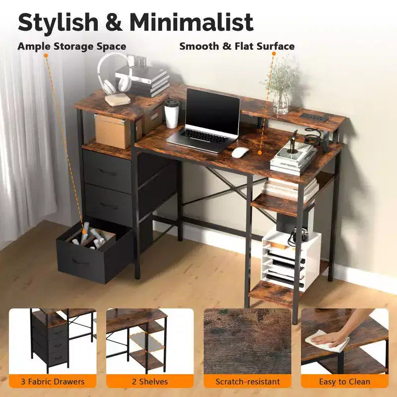 Bureau d'ordinateur moderne de 119 cm (47'') avec station de charge et tiroirs de rangement
