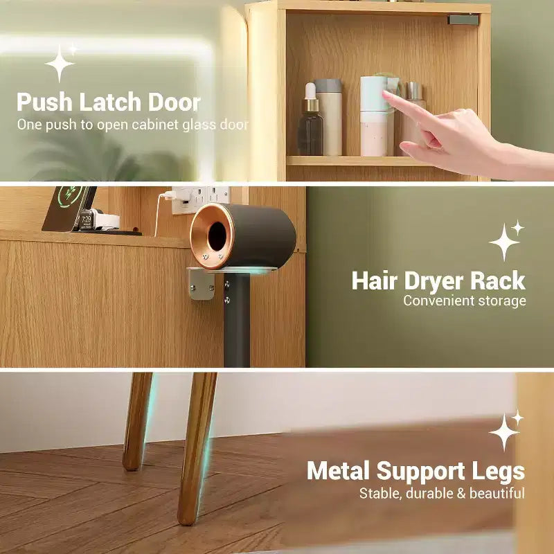 Coiffeuse de maquillage de 122 cm avec miroir et lumières, Coiffeuse en bois cannelé avec 4 tiroirs et station de charge, Coiffeuse pour chambre à coucher, Noir