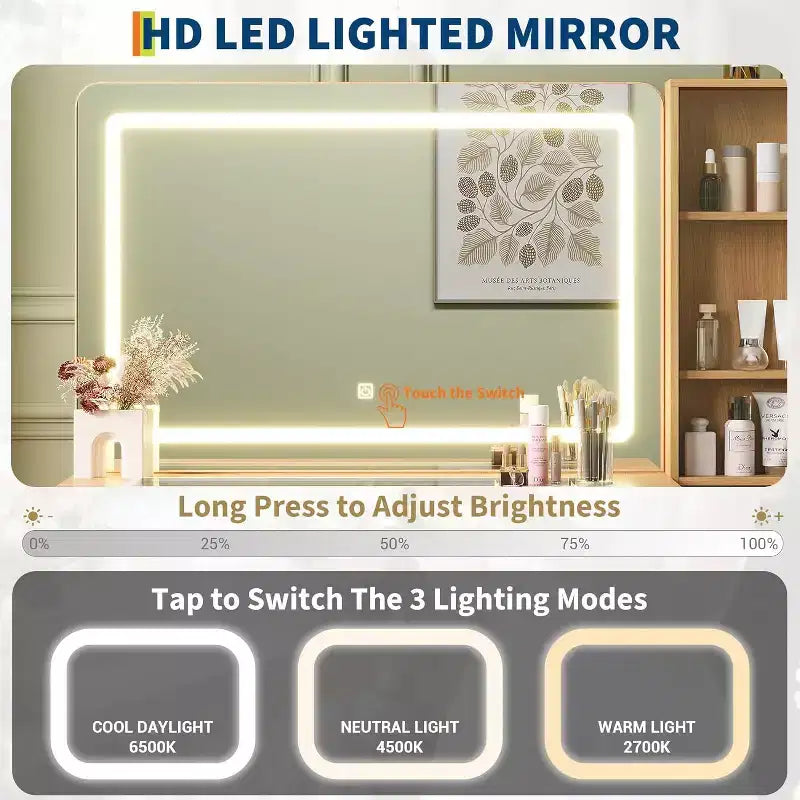 Coiffeuse de maquillage de 122 cm avec miroir et lumières, Coiffeuse en bois cannelé avec 4 tiroirs et station de charge, Coiffeuse pour chambre à coucher, Noir