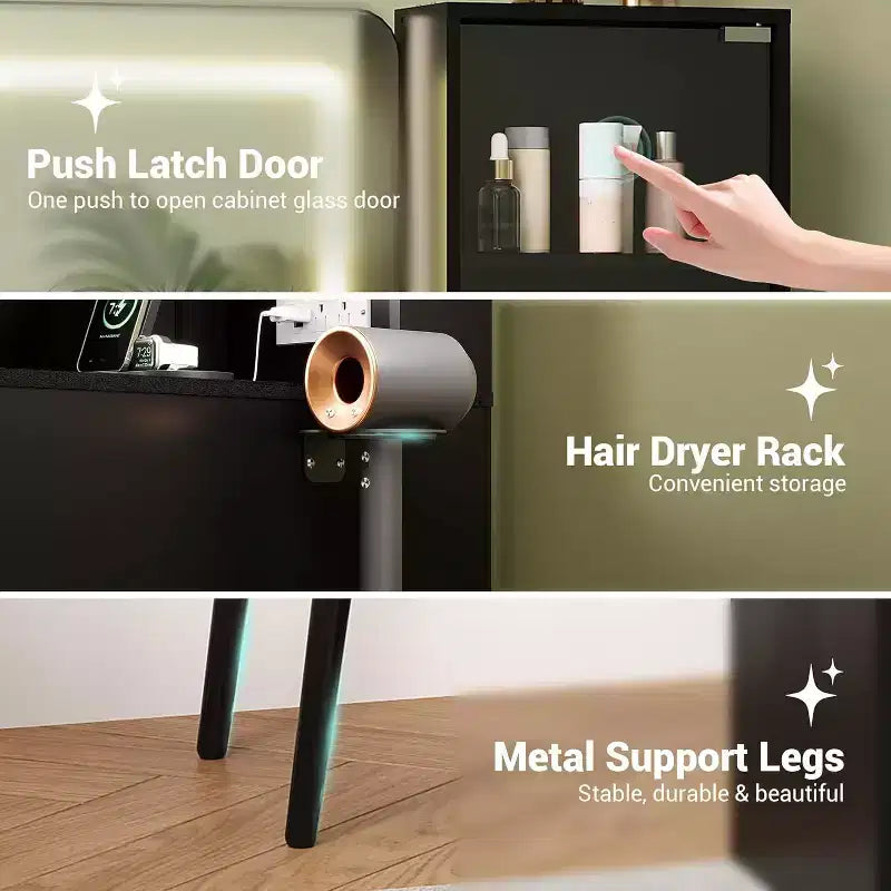 Coiffeuse de maquillage de 122 cm avec miroir et lumières, Coiffeuse en bois cannelé avec 4 tiroirs et station de charge, Coiffeuse pour chambre à coucher, Noir
